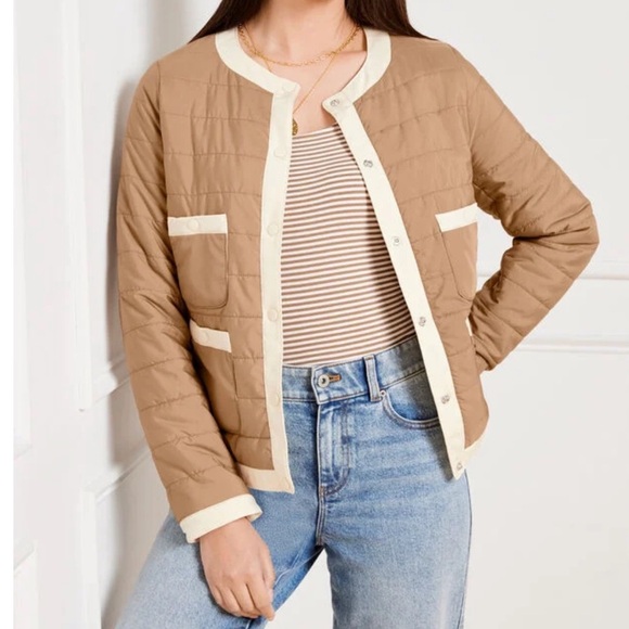Talbots Quilted Lady Jacket In Rattan Tan Ivory White Puffer